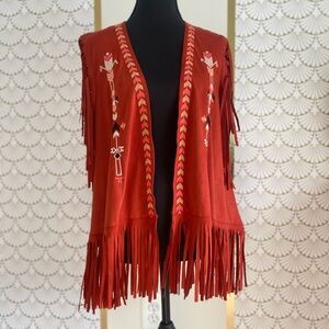Tea n Rose Red Fringed Embroidered Vest